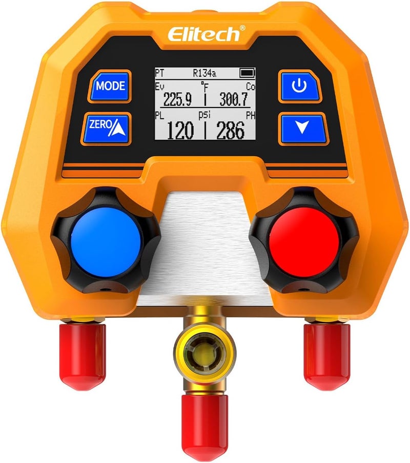 Elitech Digital Manifold Gauge for HVAC, Refrigeration & AC Systems - Supports R410A/R454B/R134 etc. Refrigerants, Pressure & Temperature Measurement, 3 Port, LCD Display, DMG-2SE - Image 1